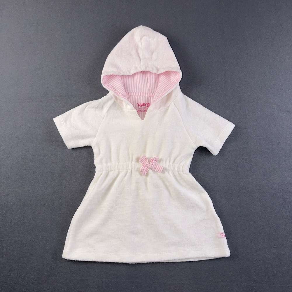 RuffleButts White Terry Cloth Hooded Swim Cover-Up Pink Seersucker 12-18M